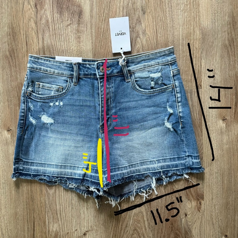 VERVET BY FLYING MONKEY Rebecca Blue Jean Shorts Distressed Frayed Hem High Rise - Picture 9 of 16